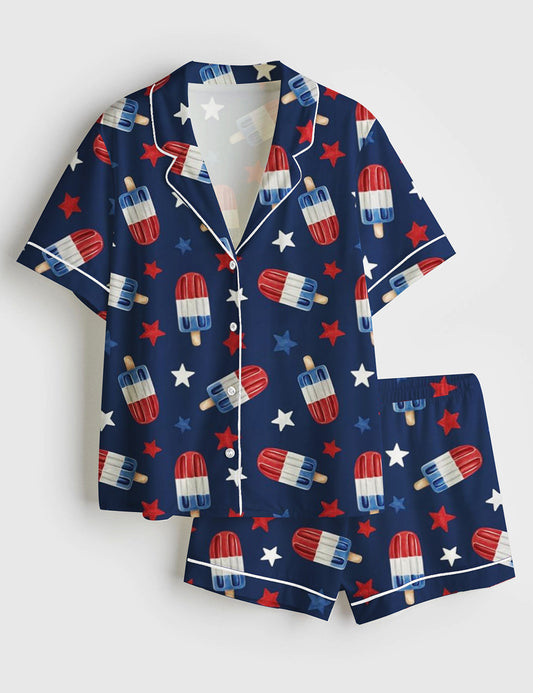 Women’s Fourth Of July Red White Blue USA Flag America Stars And Flags Patriotic 4th Of July Popsicles Short Sleeve Satin Pajama Set