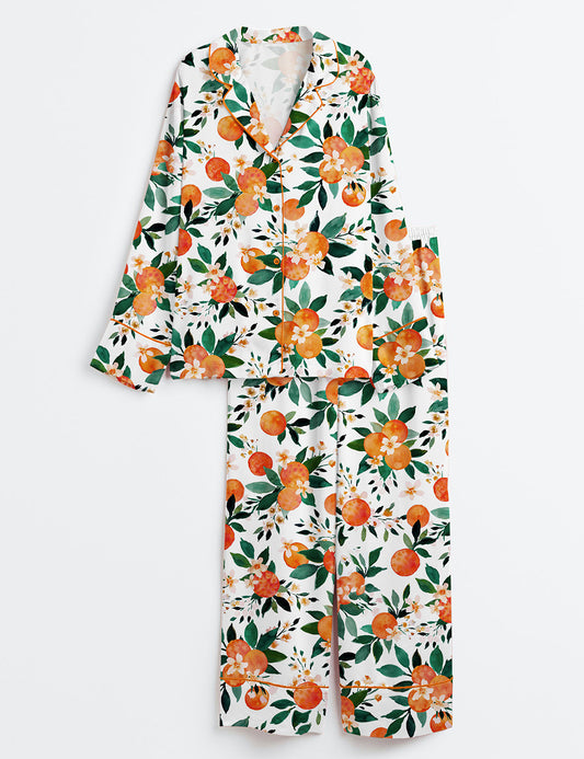 Women’s Orange Fruit Long Sleeve Satin Pajama Set