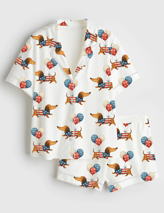 Women’s 4th Of July Pet Dog Lovers Watercolor America Flag Dachshund Dog Print Short Sleeve Satin Pajama Set