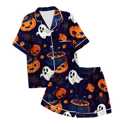 SHITINN Halloween Pajamas Women 2 Piece Silk Pjs Women Halloween Womens Button Down Pajama Sets with Shorts Womens Loungewear Pajama Pants Women Set