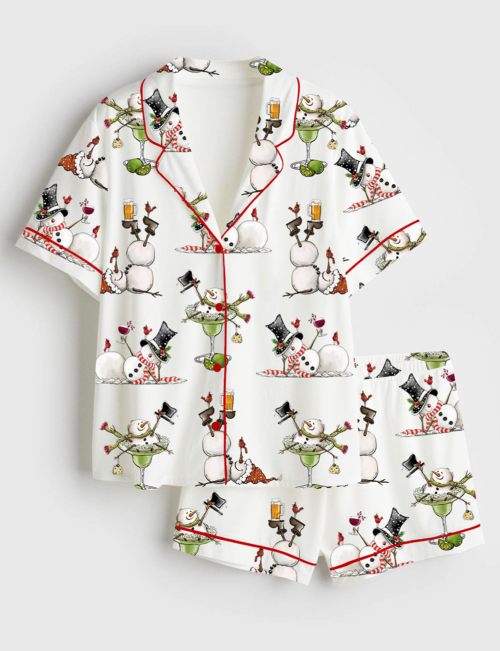 Women’s Christmas Snowman Martini Beer Wine Lovers Short Sleeve Satin Pajama Set