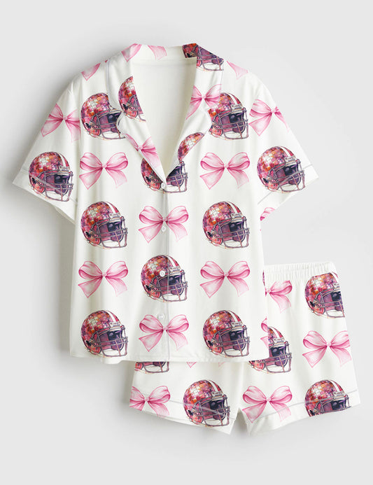 Women’s Football Bow Football Mom Game Day Football Season Coquette Short Sleeve Satin Pajama Set