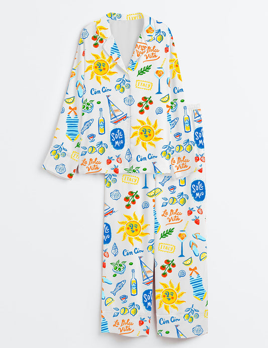 Women’s Italian Summer Vacation Seaside Journeys Long Sleeve Satin Pajama Set