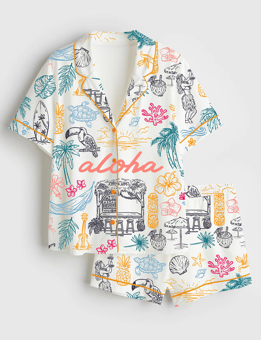 Women’s Aloha Tropical Exotic Hawaian Whimsical Style Seaside Ocean Aloha State Of Mind Short Sleeve Satin Pajama Set