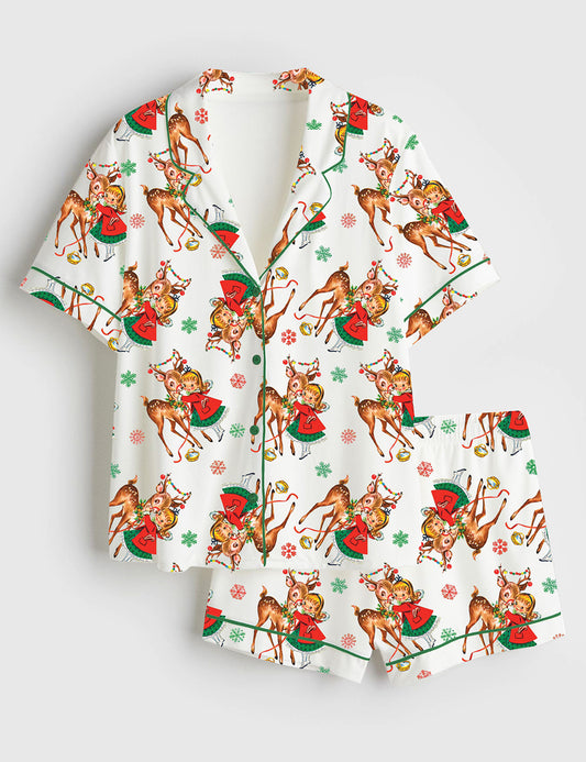 Women’s Retro 1950s Christmas Vintage Reindeer Short Sleeve Satin Pajama Set