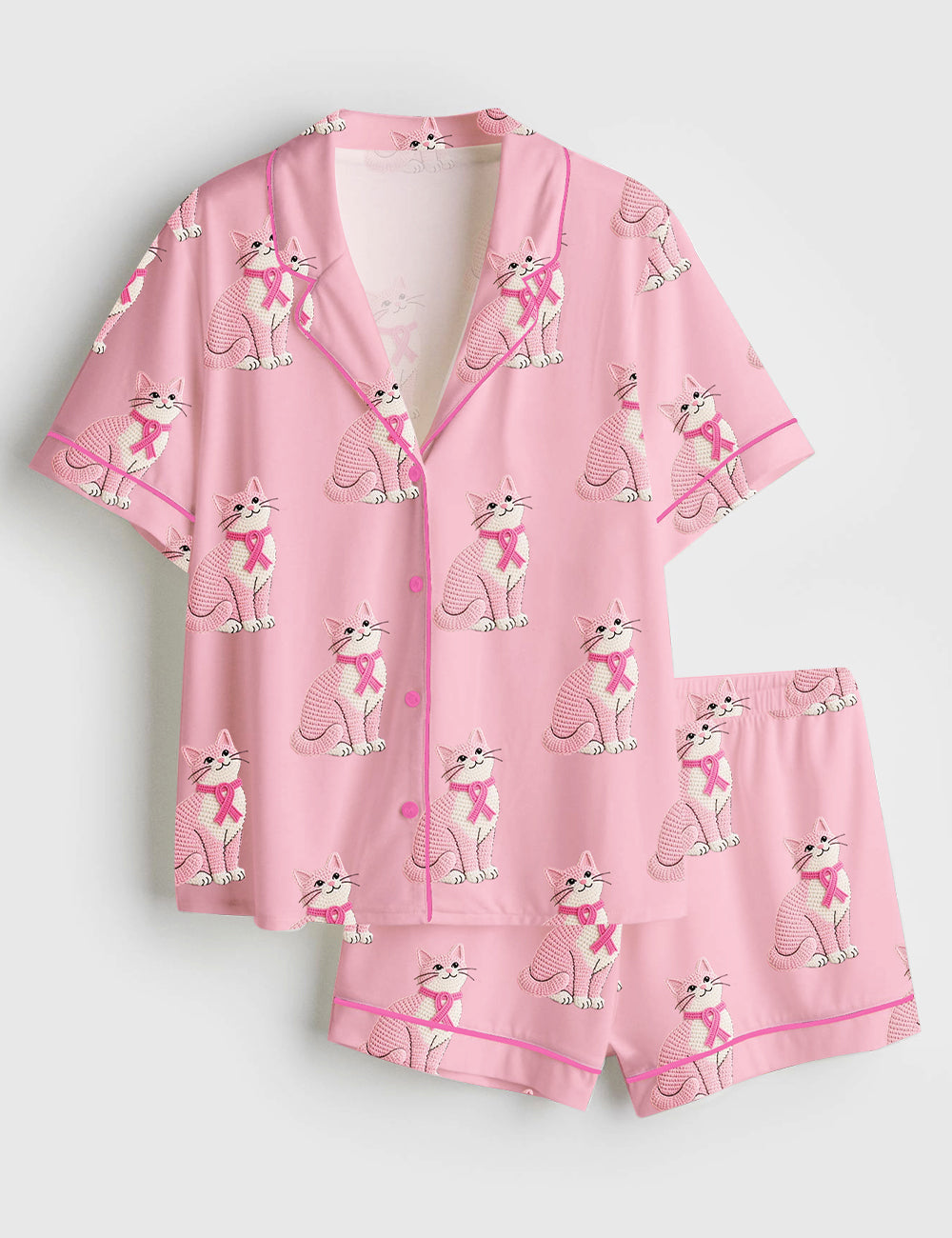 Women’s Cat In Pink Clothes Breast Cancer Awareness Short Sleeve Satin Pajama Set
