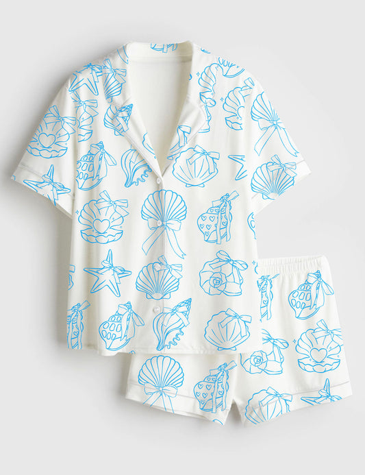 Women’s Retro Coquette Seashell Sea Pastel Coastal Summer Girly Shell With Bow Preppy Fisherman Aesthetic Print Short Sleeve Satin Pajama Set
