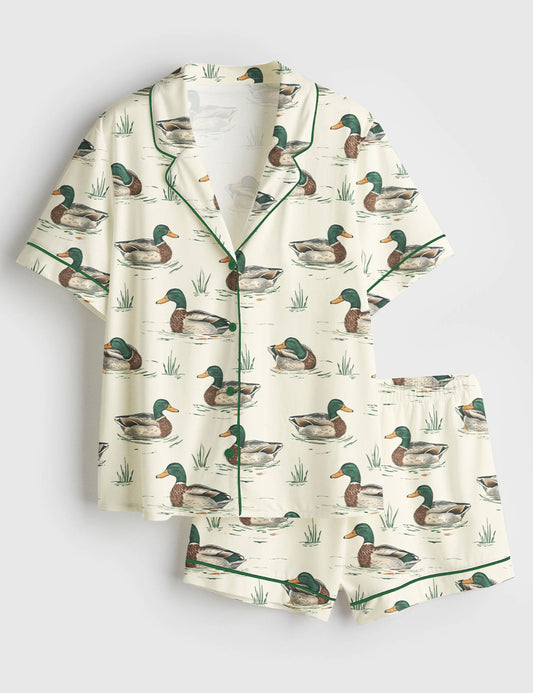 Women’s Watercolor Mallard Duck Duck Hunting Short Sleeve Satin Pajama Set