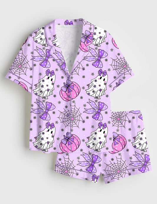 Women’s Coquette Halloween Cute Ghosts Pumpkins Spiderweb And Bows Short Sleeve Satin Pajama Set