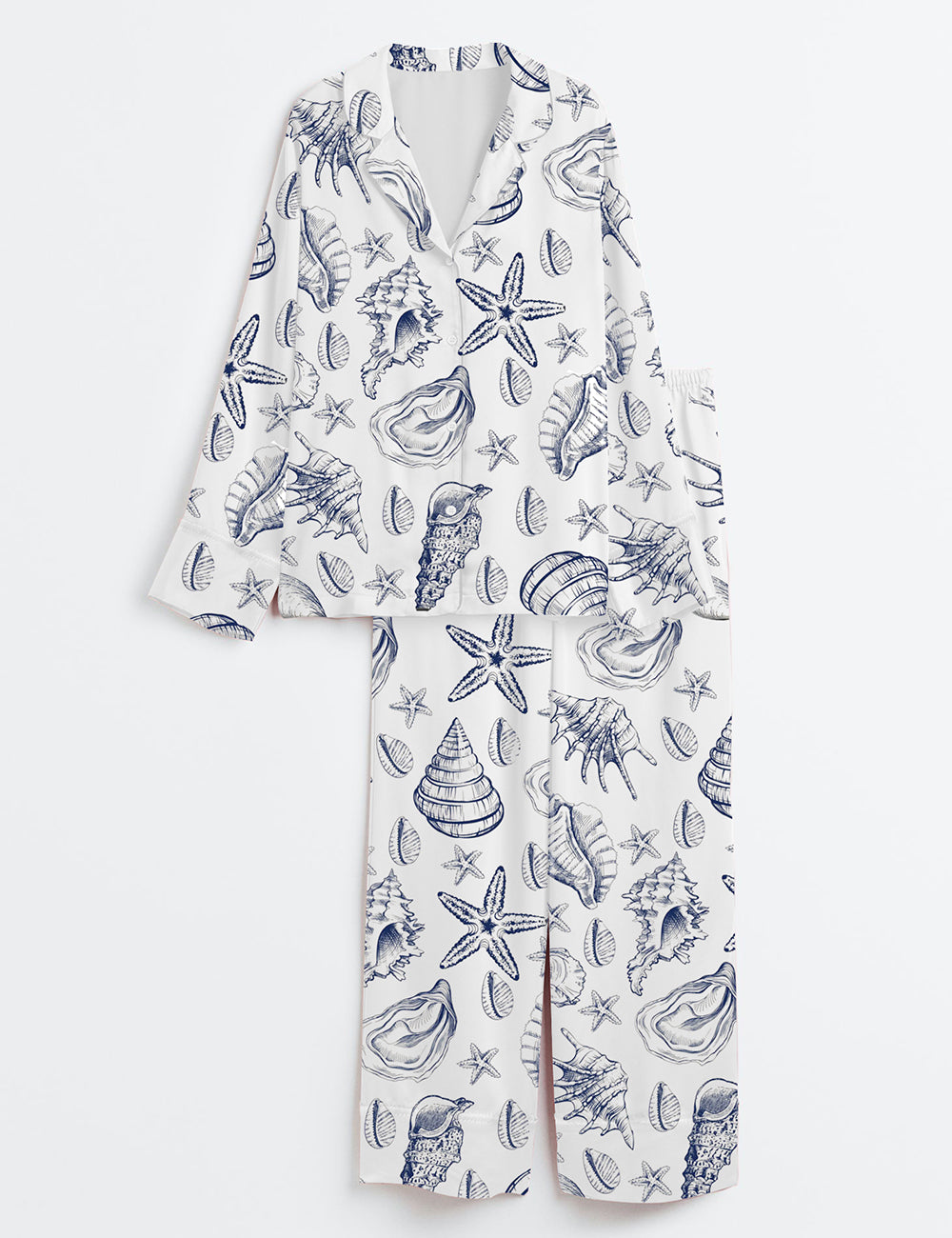 Women’s Vintage Seashell Coastal Aesthetic Summer Beach Vibes Print Long Sleeve Satin Pajama Set