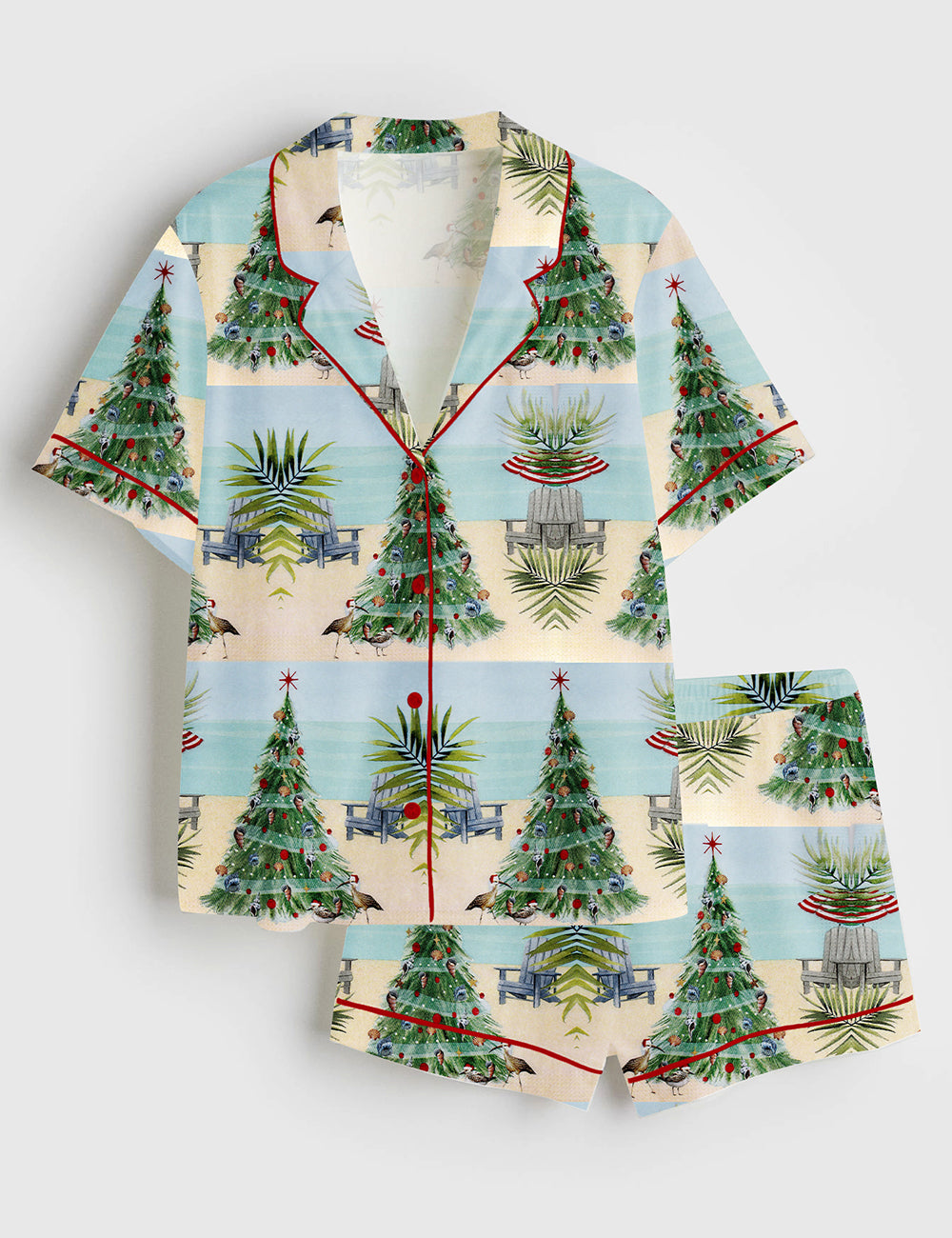 Women’s Vintage Christmas Cocktail Beach Coquette Seashell Christmas Tree Short Sleeve Satin Pajama Set
