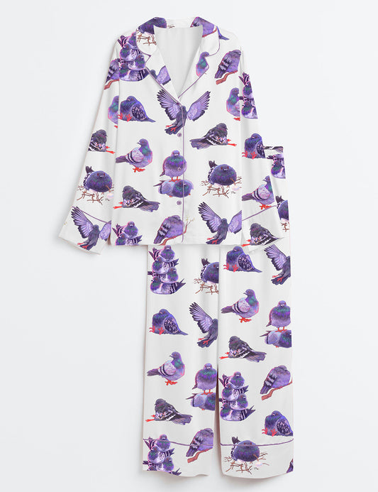 Women’s Pigeon Art Long Sleeve Satin Pajama Set