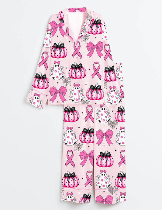 Women’s Coquette Pumpkin Breast Cancer Long Sleeve Satin Pajama Set