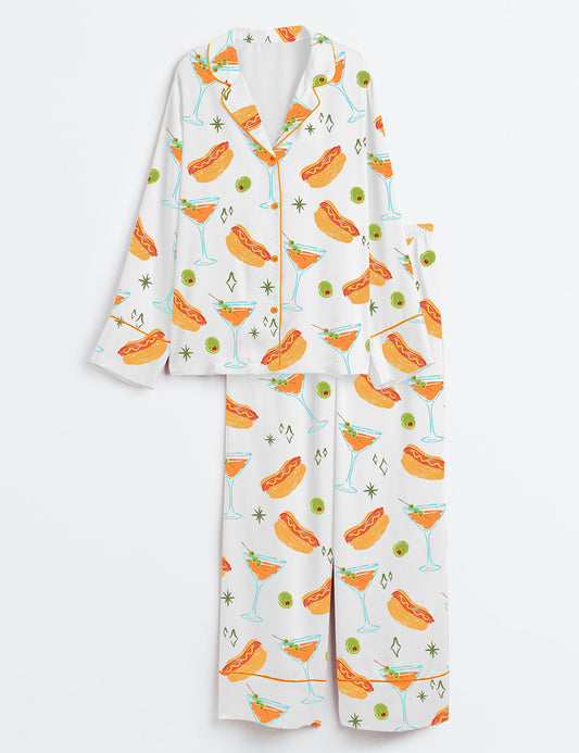 Women’s Weenies And Tinis Bachelorette Party Martini Social Club Print Long Sleeve Satin Pajama Set