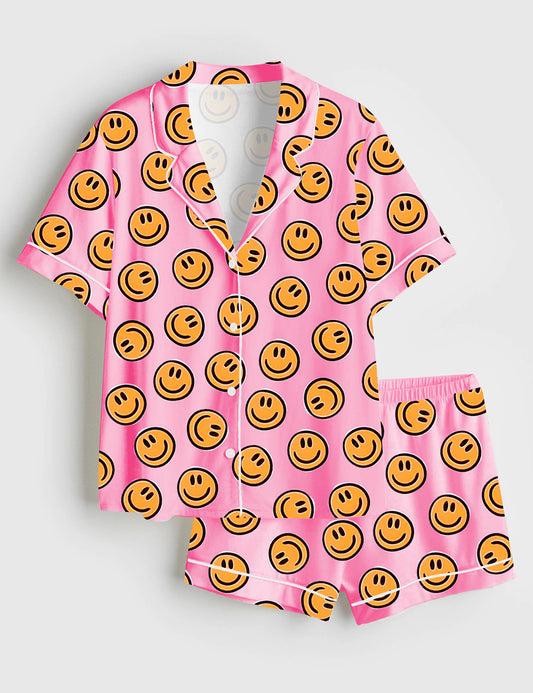 Women’s Pink Smiley Face Short Sleeve Satin Pajama Set