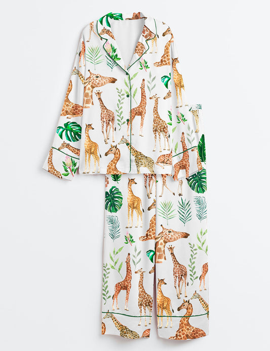 Women's Watercolor Giraffe Animal Safari Nursery Tropical Leaves Long Sleeve Satin Pajama Set