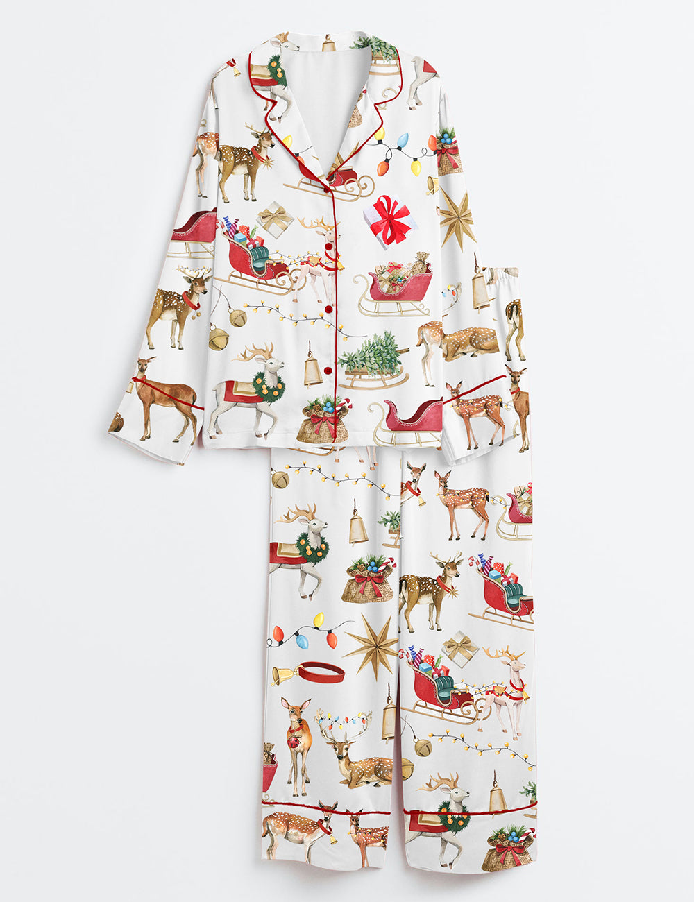 Women’s Watercolor Reindeer Christmas Long Sleeve Satin Pajama Set