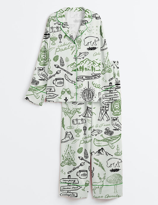 Women’s Outdoor Whimsical Style Hand Drawn Cabin Party Camping Wilderness Print Long Sleeve Satin Pajama Set