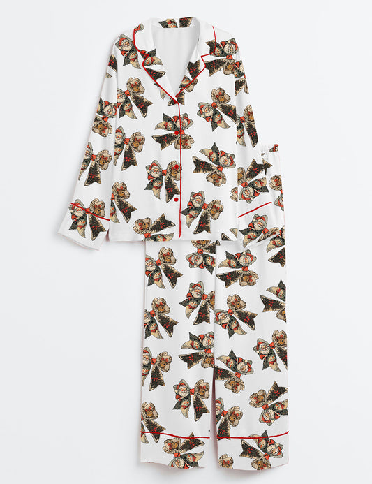 Women’s Christmas Coquette Bow Santa Claus Reindeer Snowman Long Sleeve Satin Pajama Set