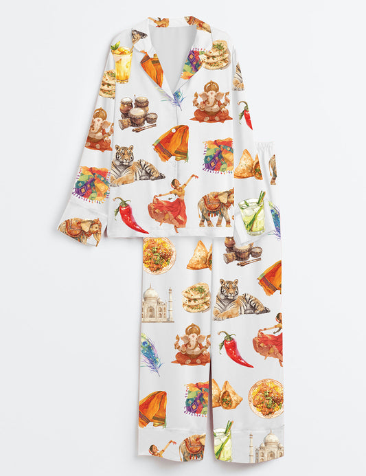 Women’s India Country Travel Long Sleeve Satin Pajama Set