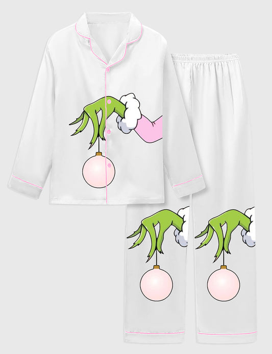 Kid's Pink Christmas Grinch Satin Family Pajama Set