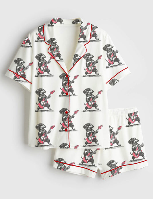 Women’s Rock Doxie Vintage Dachshund Weenie Playing Guitar Funny Wiener Dog Rocker Print Short Sleeve Satin Pajama Set