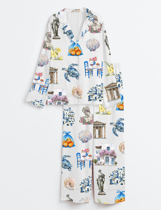 Women’s Greece Watercolor Greek Summer Travel Long Sleeve Satin Pajama Set