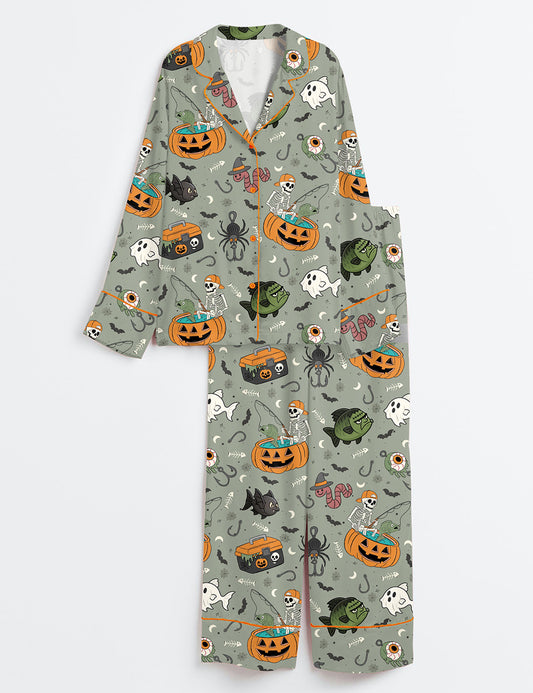 Women’s Reel Scared Halloween Fishing Skeleton Fisherman Outdoor Print Long Sleeve Satin Pajama Set