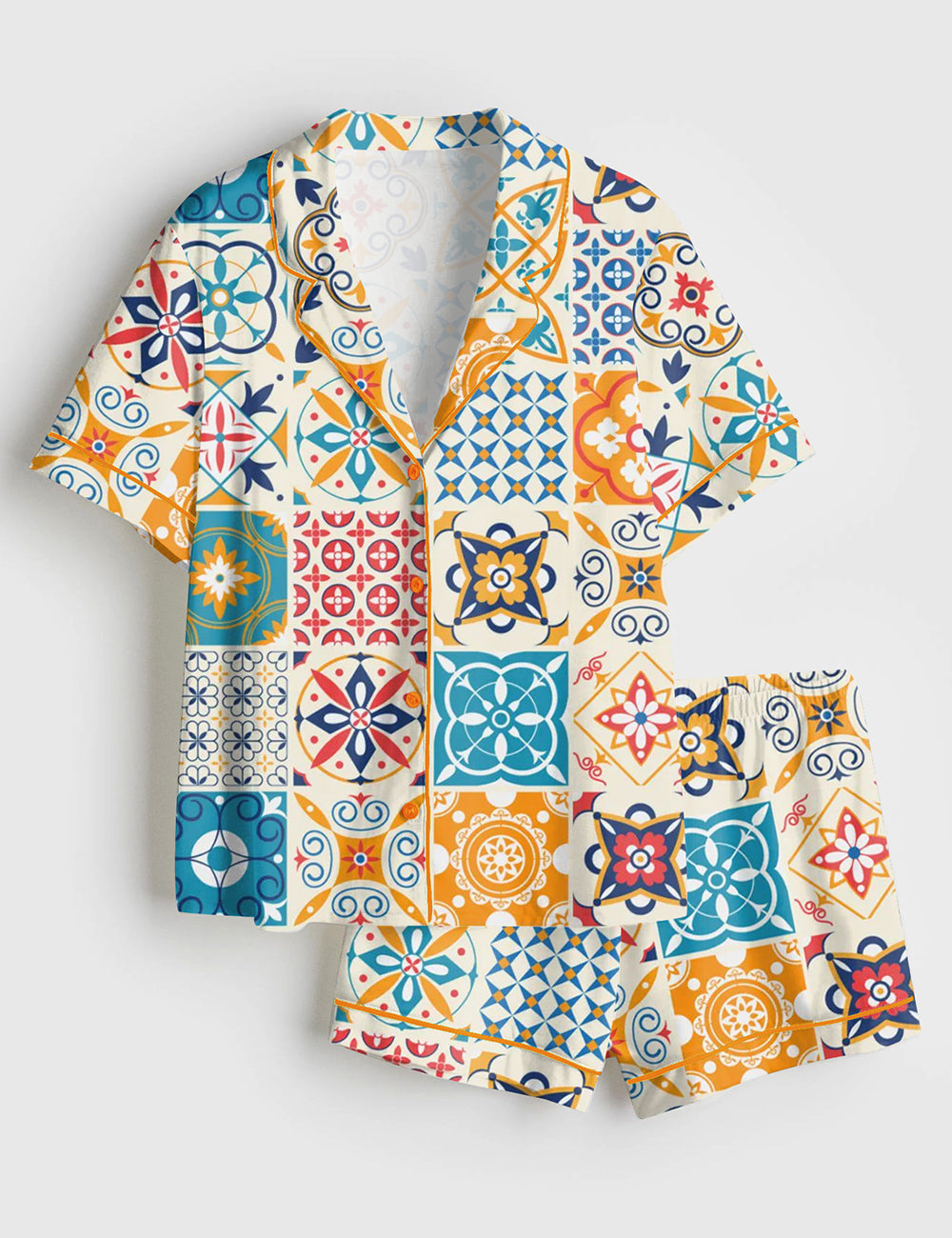 Women’s Mediterranean Coastal Aesthetic Short Sleeve Satin Pajama Set