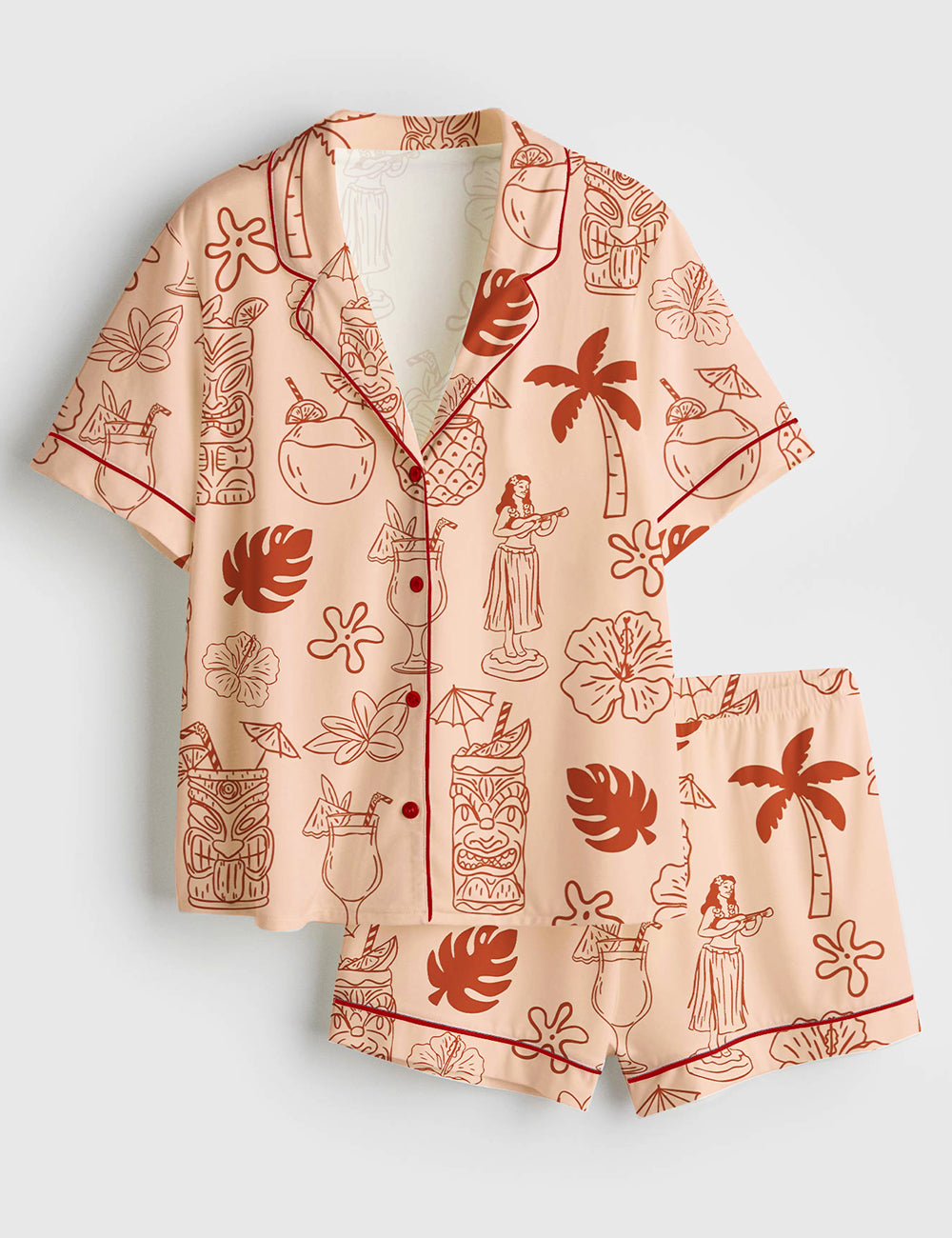 Women’s Hand Drawn Tiki And Tropical Drinks Luau Party Print Short Sleeve Satin Pajama Set