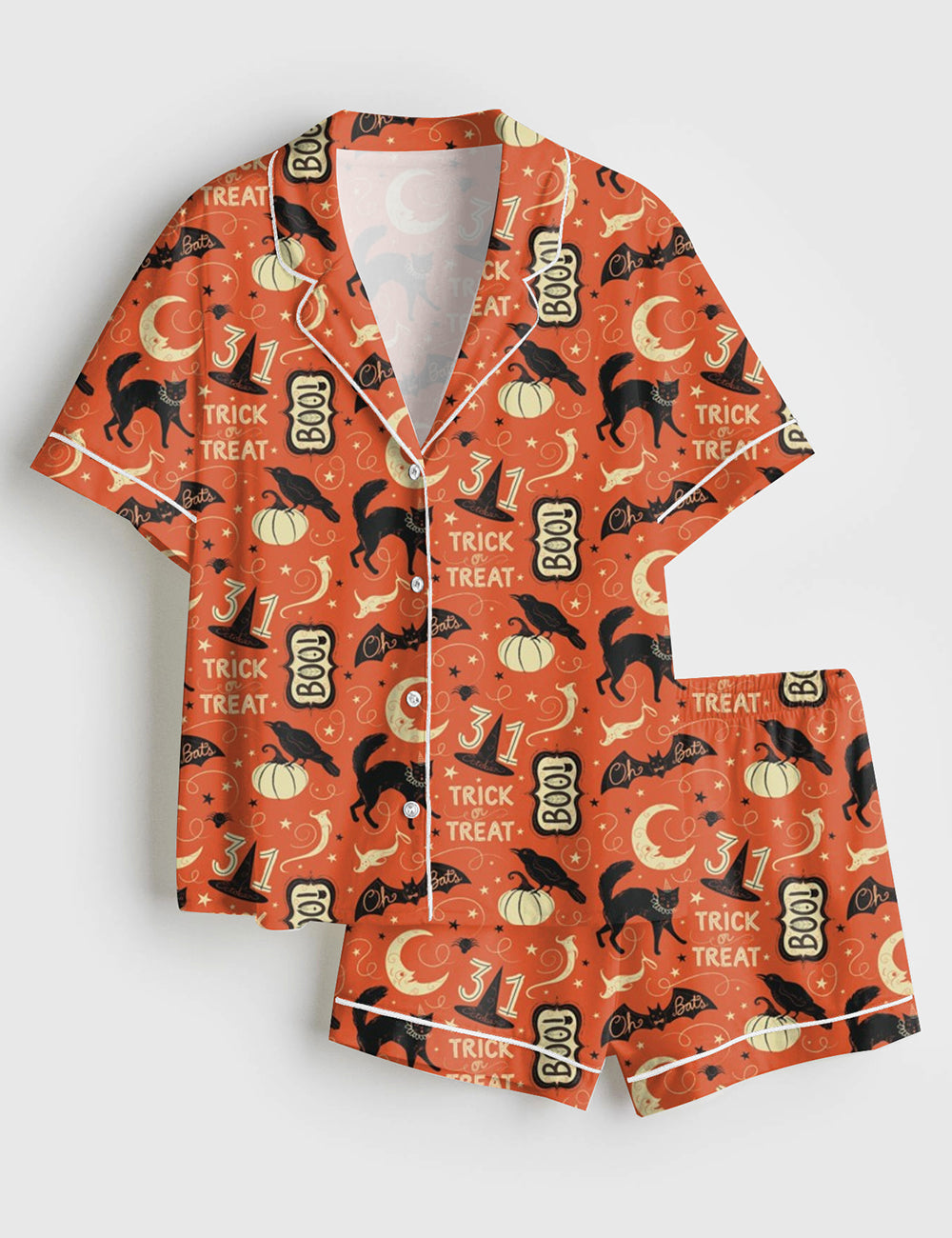 Women’s Halloween Vintage Halloween Trick Or Treat Boo Black Cat Pumpkin Bat Short Sleeve Satin Pajama Set