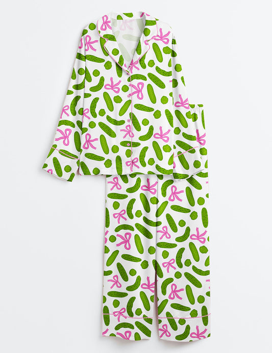 Women’s Trendy Pickle Girly Coquette Pickles And Bows Long Sleeve Satin Pajama Set