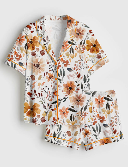 Women’s Fall Cottagecore Flower Field Short Sleeve Satin Pajama Set