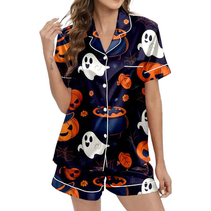 SHITINN Halloween Pajamas Women 2 Piece Silk Pjs Women Halloween Womens Button Down Pajama Sets with Shorts Womens Loungewear Pajama Pants Women Set