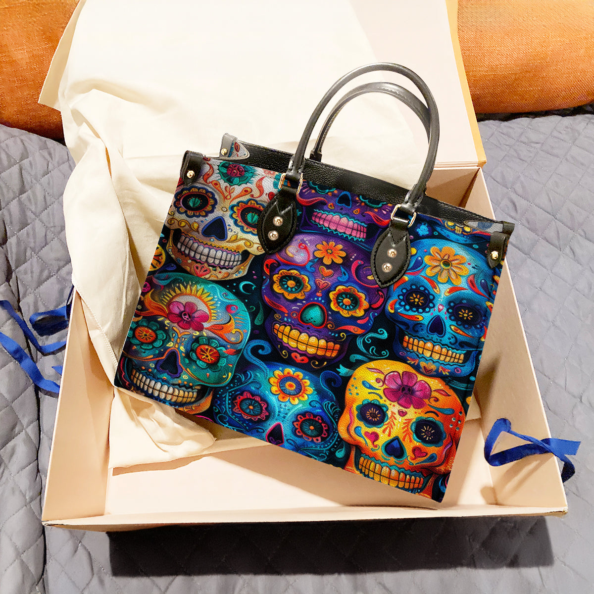 Leather Bag Colorful Sugar Skull