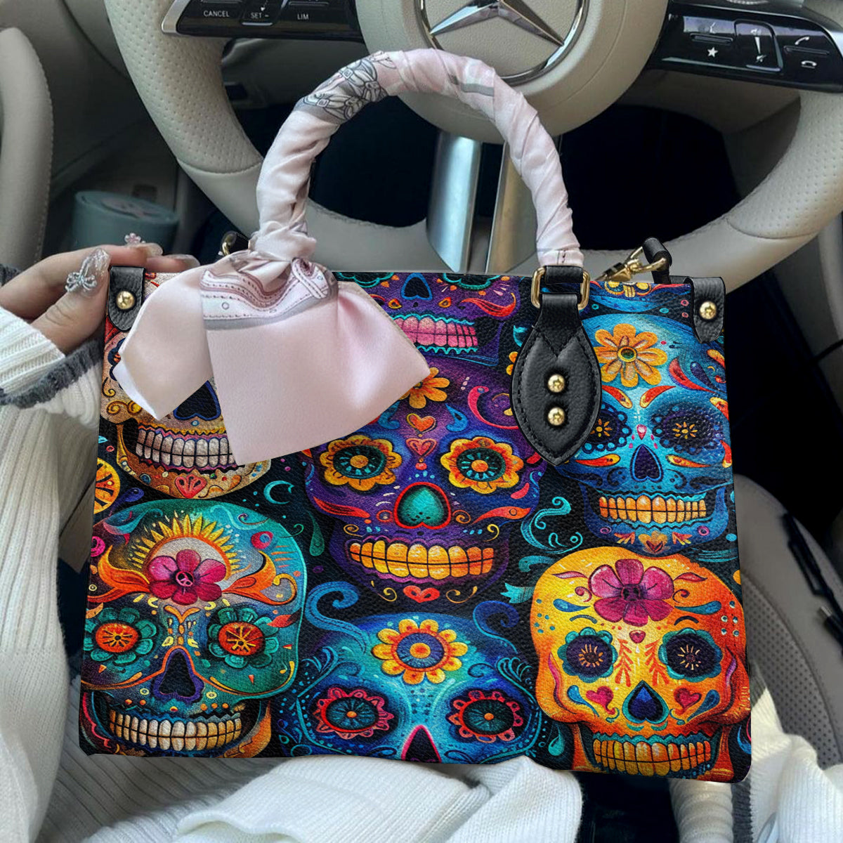Leather Bag Colorful Sugar Skull