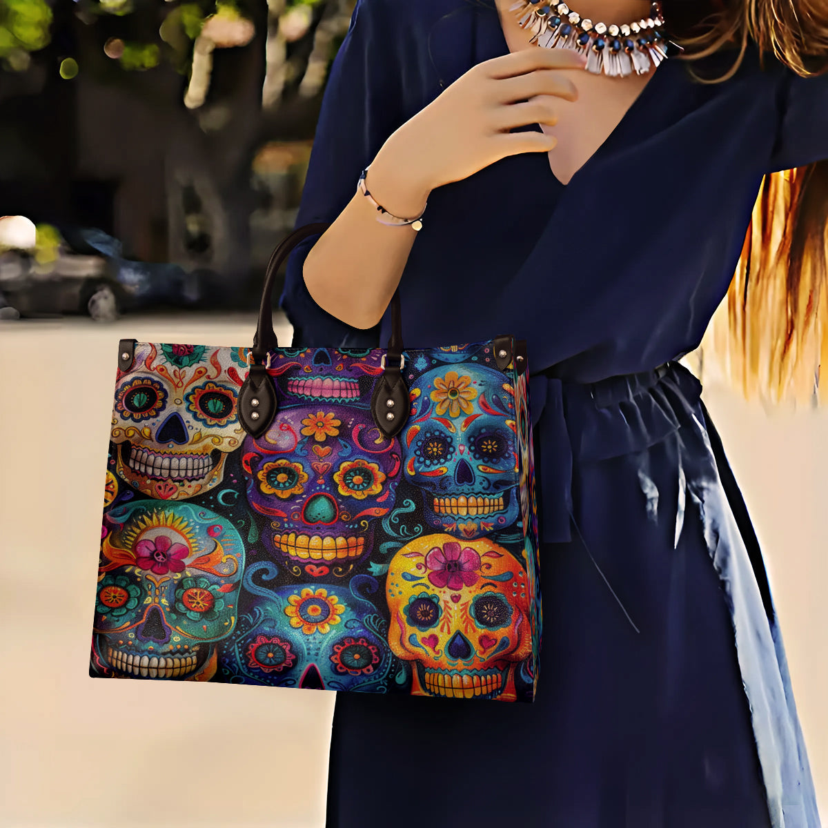 Leather Bag Colorful Sugar Skull
