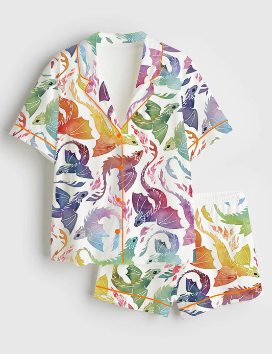 Women’s Dragon Fire Rainbow Short Sleeve Satin Pajama Set