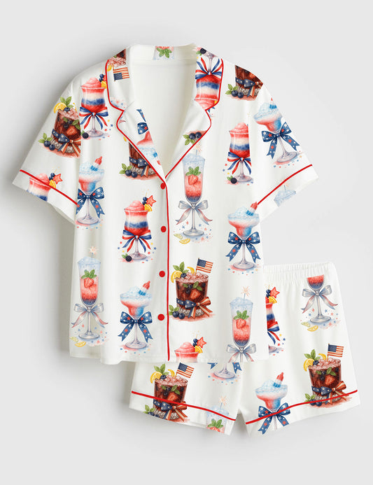 Women’s 4th Of July Champagne Cocktail Patriotic Sparkler Cocktail Short Sleeve Satin Pajama Set