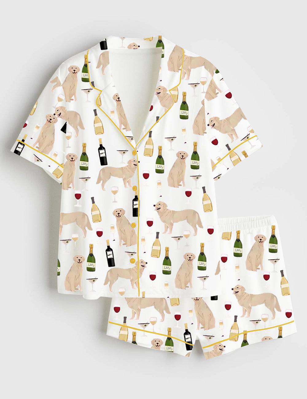 Women's Golden Retriever And Wine Short Sleeve Satin Pajama Set