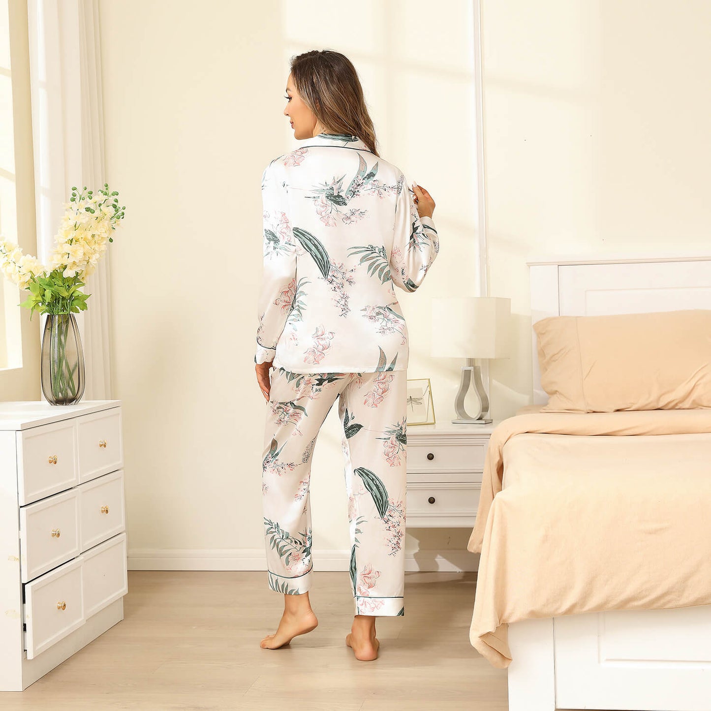 Silk Pajama Set For Women Long Flower Print Silk Pyjamas