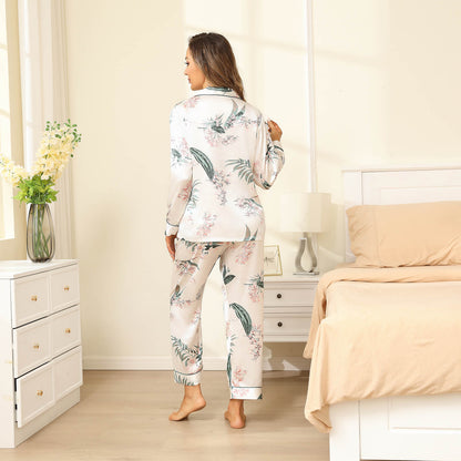 Silk Pajama Set For Women Long Flower Print Silk Pyjamas