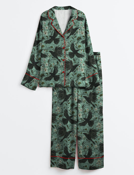 Women’s Mystic Crows Halloween Long Sleeve Satin Pajama Set