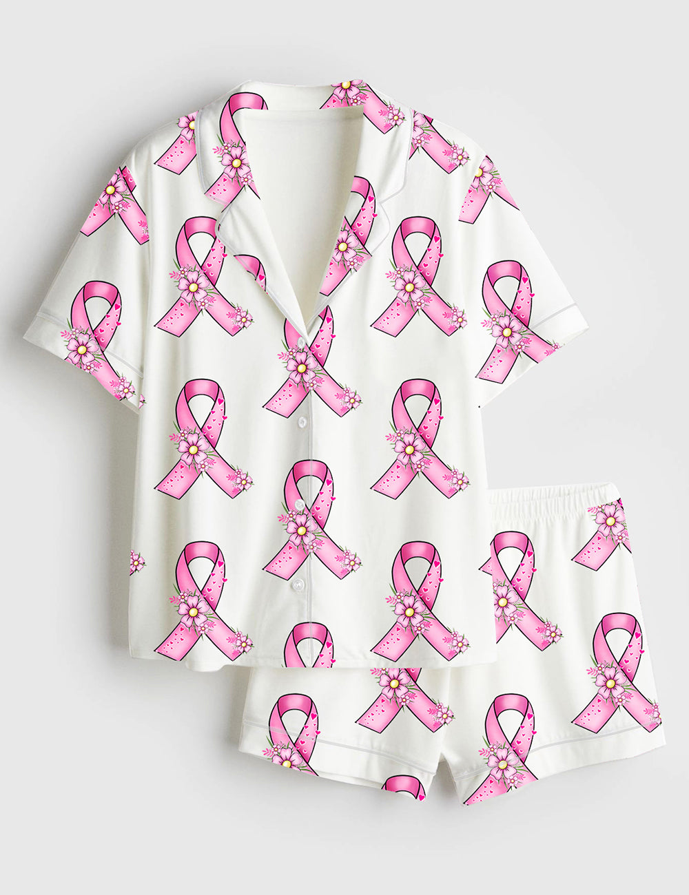 Women’s Pink Ribbon Breast Cancer Awareness Garden Flowers Faith Hope Love Print Short Sleeve Satin Pajama Set