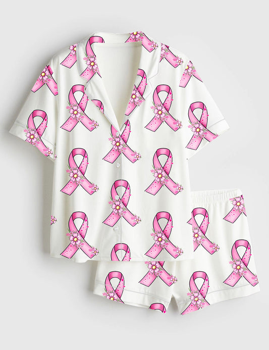 Women’s Pink Ribbon Breast Cancer Awareness Garden Flowers Faith Hope Love Print Short Sleeve Satin Pajama Set