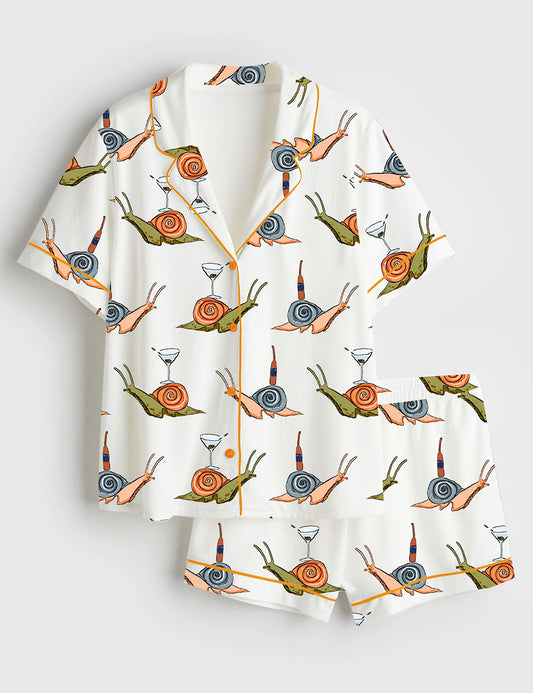 Women’s Snail Martini Cocktail Short Sleeve Satin Pajama Set