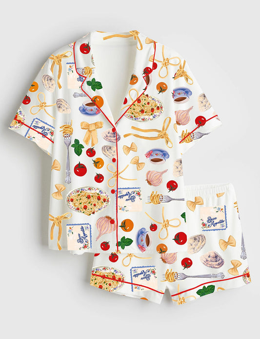 Women’s Tomato Pasta Funny Food Short Sleeve Satin Pajama Set