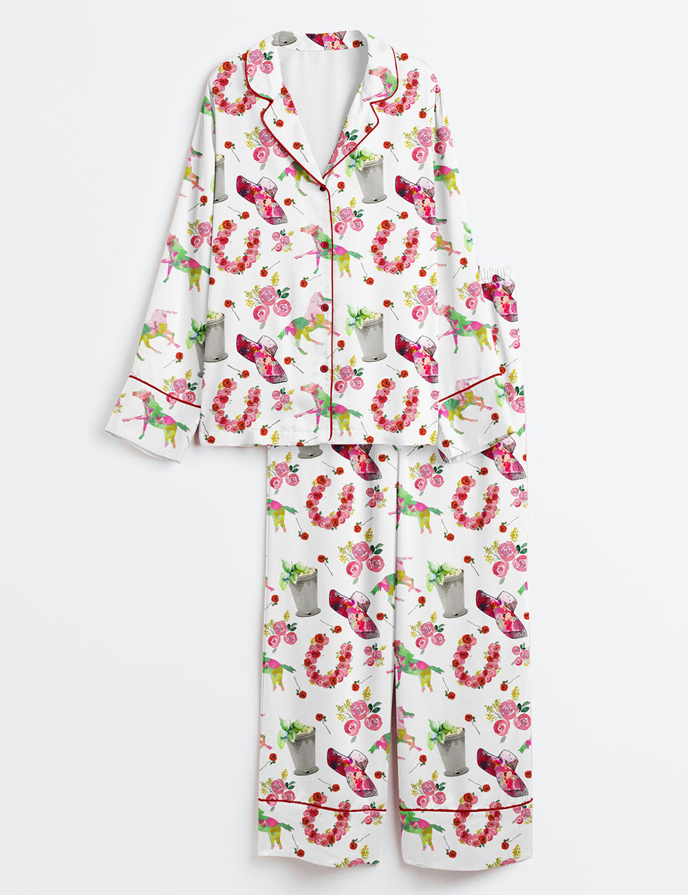 Women's Kentucky Derby Western Horse Pattern Long Sleeve Satin Pajama Set