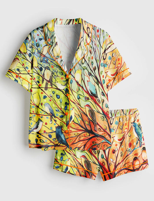 Women’s Bird On A Branch Colored Plants Painting Short Sleeve Satin Pajama Set