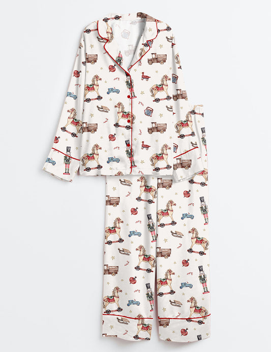 Women’s Watercolor Vintage Christmas Toys Winter Holiday Christmas Nutcracker Print Long Sleeve Satin Pajama Set